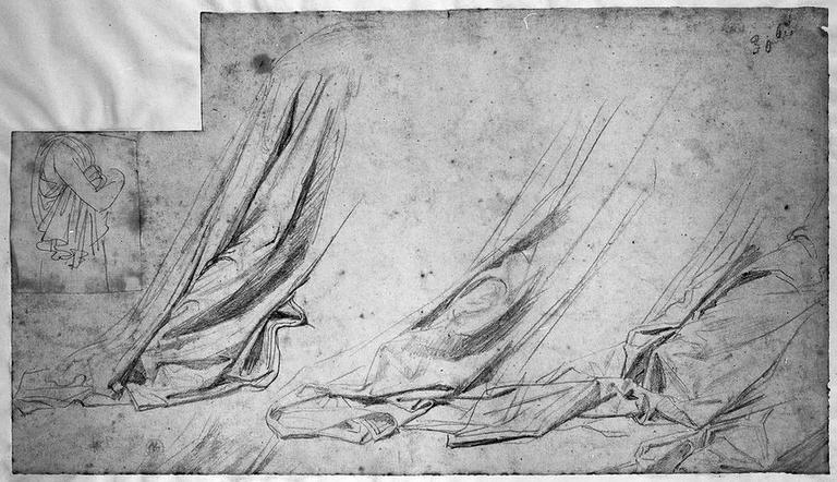 Seleucos et buste d'un personnage drapé (Seulocos : trois études pour la partie postérieure de son manteau). Collé : buste d'un personnage drapé (sans tête, de profil à droite)_0