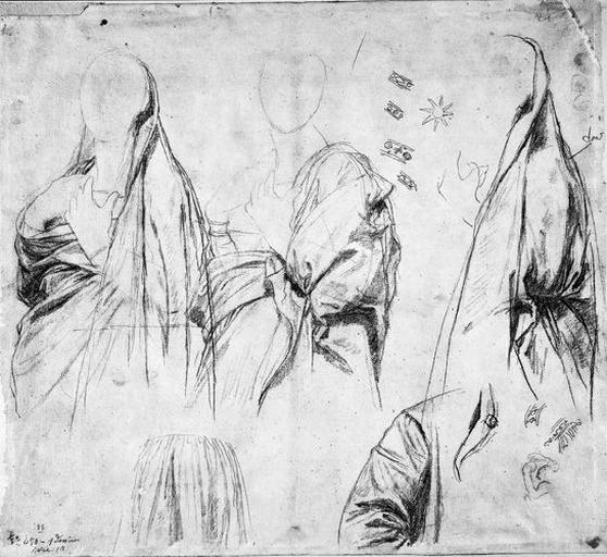 La Vierge (trois études pour son manteau, une manche, une jupe, détails du galon, de l'étoile) et vague croquis d'un personnage (couché ?, le bras levé)_0