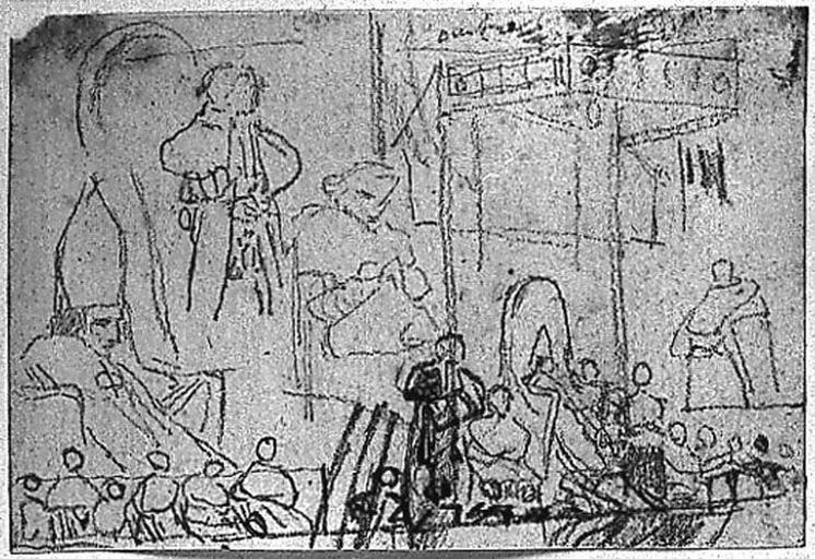 La Chapelle Sixtine (Ensemble de la composition (croquis, avec reprise de quelques détails). Verso : Deux évêques (et un détails de draperies peintes))_0