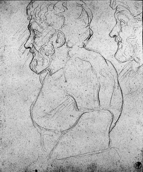 Esope (son torse, de profil à gauche, avec répétition de la tête). Verso : Trois personnages antiques assis autour d'un guéridon (et deux autres debout, derrière)_0