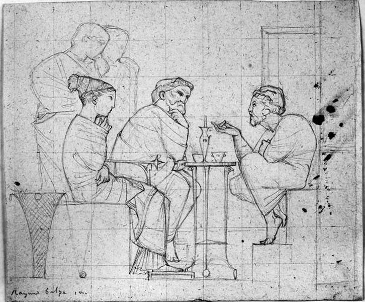 Esope (son torse, de profil à gauche, avec répétition de la tête). Verso : Trois personnages antiques assis autour d'un guéridon (et deux autres debout, derrière)_1