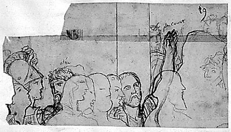 Divers personnages (Sapho, Alcibiade, Alcée, Euripide (avec derrière, un profil plus court pouvant être une variante, soit pour Euripide, soit pour Alcée tourné dans l'autre sens), Sophocle, Ménandre, Démosthène, Eschyle (l'homme couronné derrière ce dernier pourrait être Stésichore ou plus certainement Linos), Musée)_0