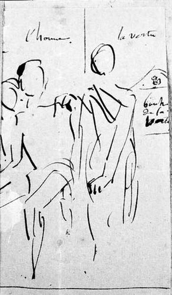 Un homme assis entre deux femmes. L'une, assise et caressante ; l'autre, debout et sévère_0
