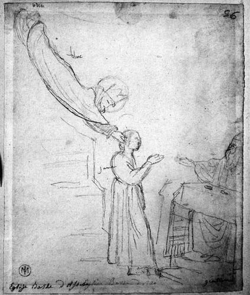 Un saint évêque descendant du ciel touche la tête d'une jeune fille_0