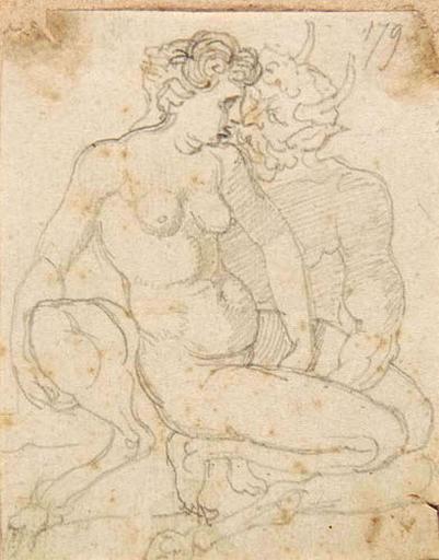 Femme et satyre (tous deux nus et accroupis, la femme entre les jambes du satyre). Au verso : Femme nue, sans tête, jambes écartées_0
