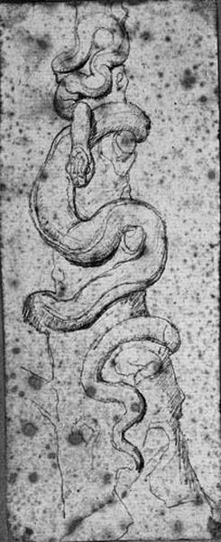 Serpent enroulé autour d'un tronc d'arbre ; verso : Trois personnages dont une femme assise_0