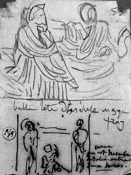 Deux Figures d'hommes drapés et Hécube entre deux héros ; Au verso : fragment de paysage_0
