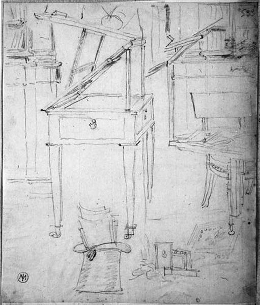 Deux pupitres, une bibliothèque, un chapeau rempli de papiers, des livres, un fauteuil_0