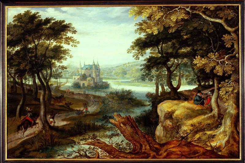 Paysage avec un château animé de personnages, Roelandt Savery, 1590