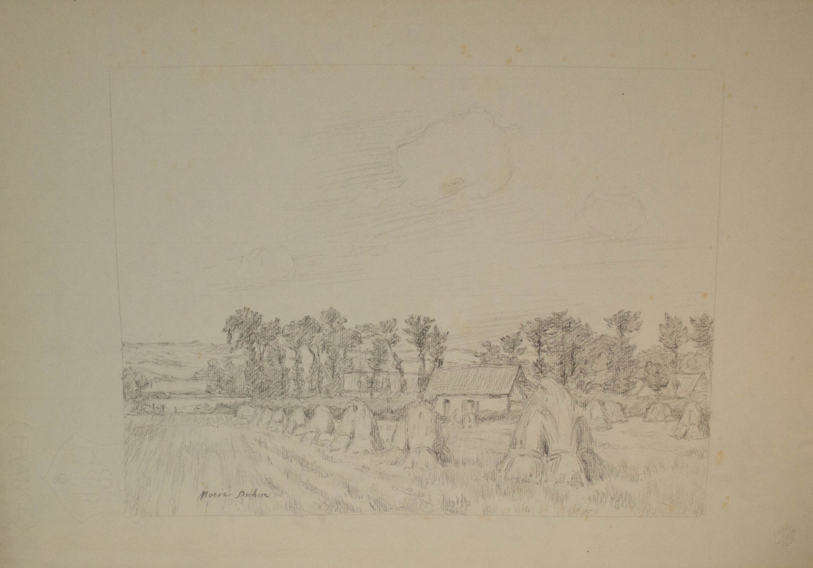 Vue d'un champs avec des meules de foin, Marie Duhem