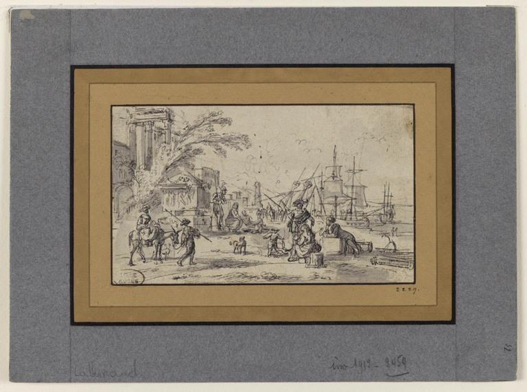 Vue d'un port, à droite des ruines, Jean-Baptiste Lallemand, 18e siècle