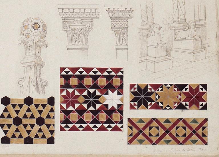 Etudes de chapiteaux et clochetons et fragment de mosaïque pris au cloître Saint Jean à Rome, Constant Moyaux, 2e moitié 19e siècle
