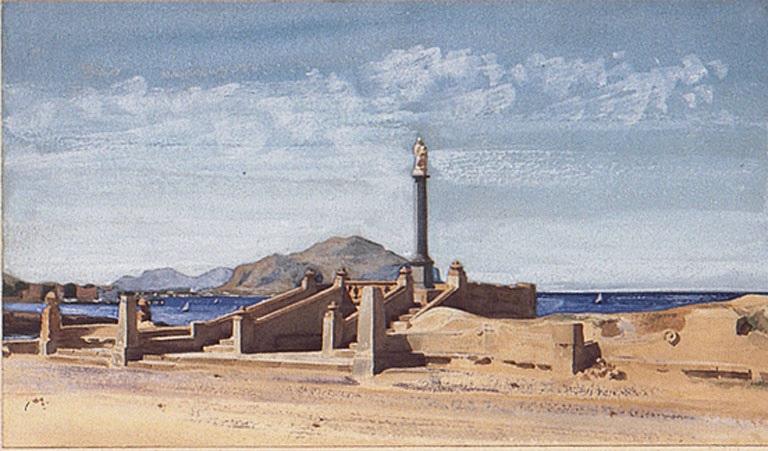 Monument avec Vierge à l'Enfant élevé en bord de mer ; Aquarelle, calvaire élevé au bord de la mer (Italie), Constant Moyaux, 2e moitié 19e siècle