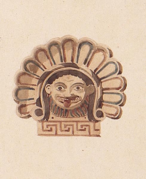 Palmette sculptée ; Mascaron vue de face d'après une sculpture de Pompéï, Constant Moyaux, 2e moitié 19e siècle