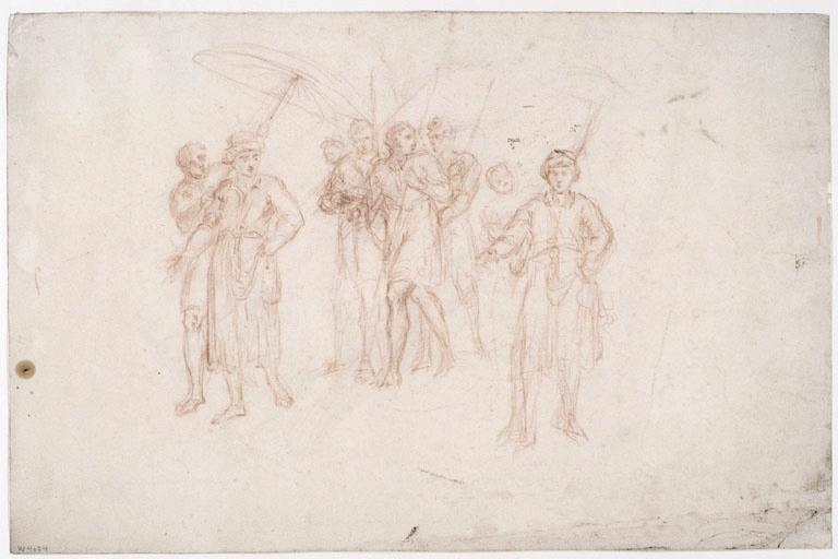 Groupe d'hommes à l'orientale, tenant des parasols (recto) ; Figure drapée assise (verso), Vuez, Arnould de