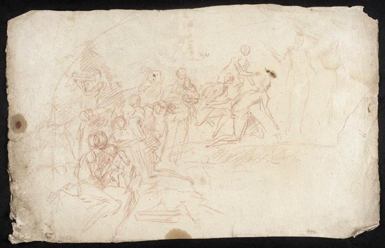 Esquisse de composition, groupe de figure dont deux à l'enfant, puis trois figures à genoux devant une autre figure (recto) ; Figure caché dans un arbre, deux autres arbres, têtes/caricature aux oreilles d'âne (verso), Vuez, Arnould de