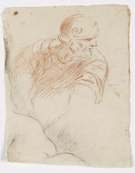Buste de soldat casqué, la tête de profil à droite traits à la pierre noire (recto) ; Buste d'homme de profil à gauche (sanguine) et (dans l'autre sens) esquisses de figures à la pierre noire (verso), Vuez, Arnould de