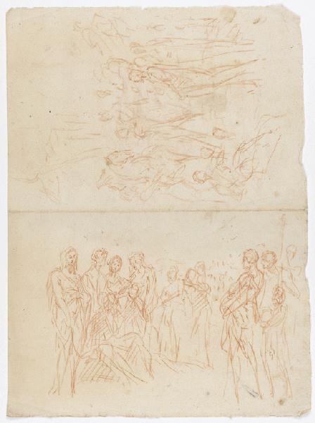 Deux esquisses de composition à plusieurs figures, l'une dans le sens horizontale, l'autre dans le sens vertical de la feuille (recto) ; Esquisse de composition (dans l'autre sens horizontal) (verso), Vuez, Arnould de