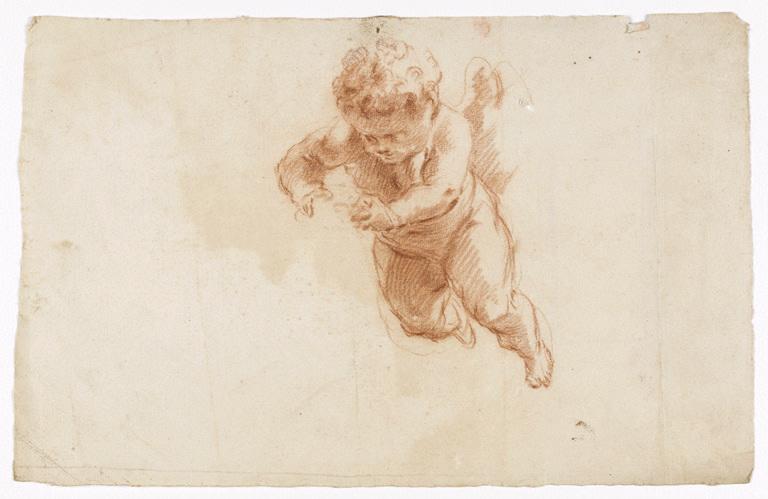 Putto tenant un objet (recto) ; Dessin géométrique et esquisse de figures (?), Vuez, Arnould de