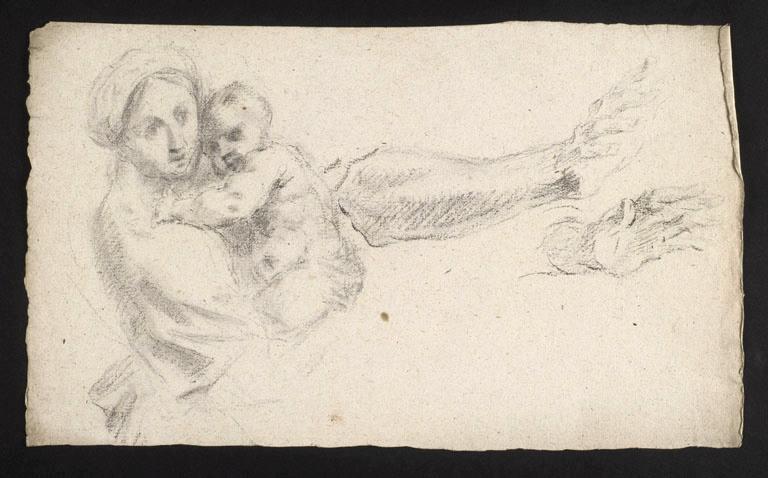 Femme à mi-corps tenant un enfant ; études de bras droit et de main gauche (recto) ; Etude de drapé (dans l'autre sens) (verso), Vuez, Arnould de