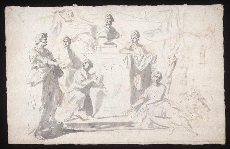 Monument élevé à la mémoire de ... par les arts (recto) ; Six études de bras et mains dont cinq tiennent un outils (de sculpteur ?) (verso), Vuez, Arnould de