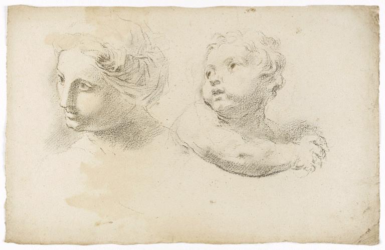 Tête de femme tournée vers la gauche, buste d'enfant, le bras droit passé devant (recto) ; Angelot vu à mi-corps, dans l'autre sens (verso), Vuez, Arnould de