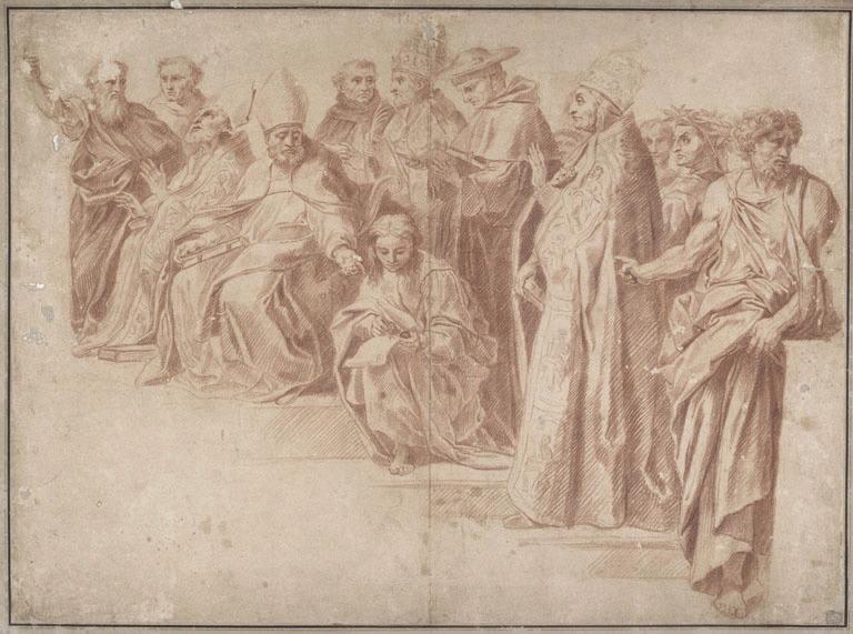 Copie d'après la partie droite du Saint Sacrement de Raphaël (recto) ; Etude (verso), Vuez, Arnould de