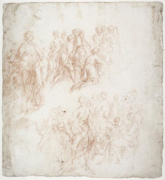 Groupes de figures debout, femme et enfant (recto) ; Figure debout, agenouillée; homme (Christ ?) soutenu par deux figures (verso), Vuez, Arnould de