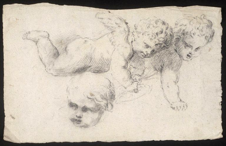 Deux angelots et une tête d'angelot (recto) ; Deux bras, esquisse d'une figure (verso), Vuez, Arnould de