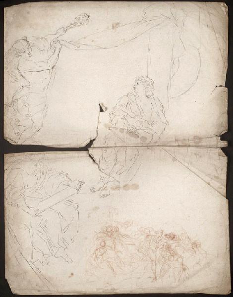 Mercure, deux figures féminines allégoriques (la Sculpture ?) graphite, plume et encre brune ; groupe de figures à la sanguine (recto) ; Figures féminines (verso), Vuez, Arnould de
