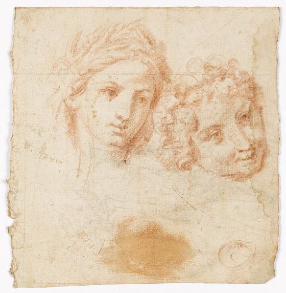 Tête de femme couronnée d'épis de blé (Cérès), tête aux cheveux frisés, esquisses diverses (recto) ; Esquisse de figures, de jambes, de botte, (à la sanguine), composition coupée circulaire avec deux figures, (pierre noire, sanguine, plume et encre brune, lavis brun) (verso), Vuez, Arnould de