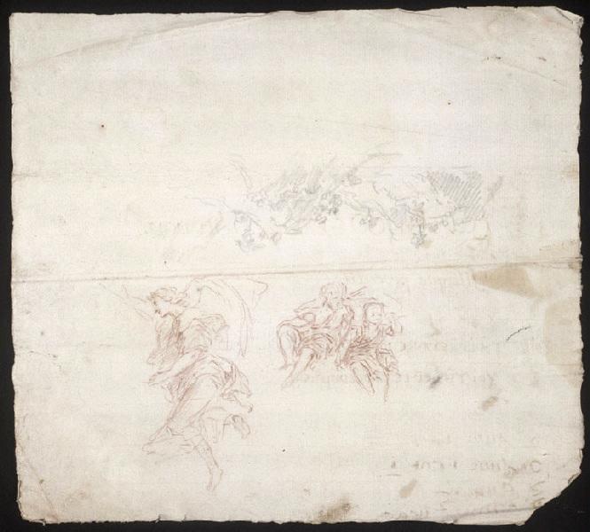 Ange de profil à gauche, deux enfants (pleurant ?) paysage avec collines et arbres, Vuez, Arnould de