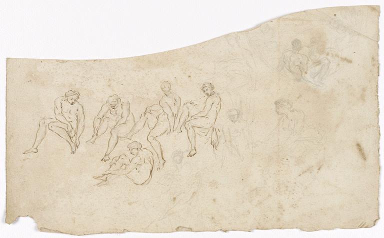 Etudes de femmes nues (à leur toilette ?), composition circulaire (coupée) (recto) ; Diverses compositions agencées (pour un plafond ?) (verso), Vuez, Arnould de