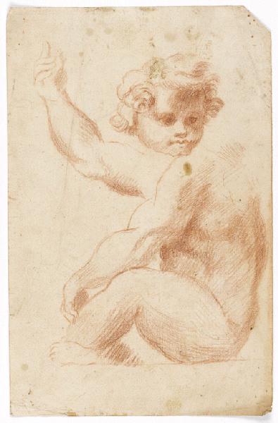 Enfant nu assis de profil à gauche, levant un bras (recto) ; Etude de bras, de têtes (verso), Vuez, Arnould de