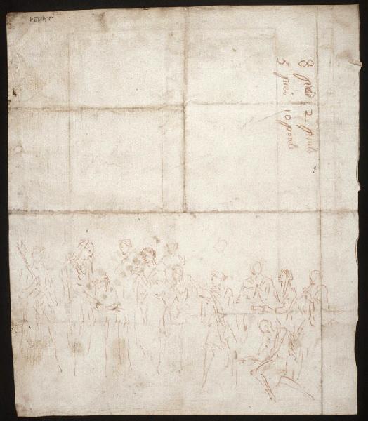 Scène de Sacrifice (?) avec plusieurs figures, indications de mesures en haut (recto) ; Dessin de retable avec indication de mesures (verso), Vuez, Arnould de