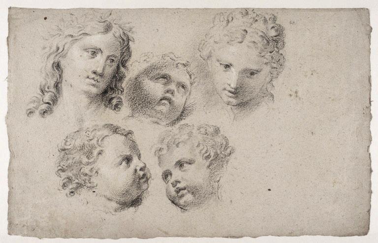 Cinq études de têtes (trois d'enfants, une femme, une figure couronnée de laurier ?), Vuez, Arnould de