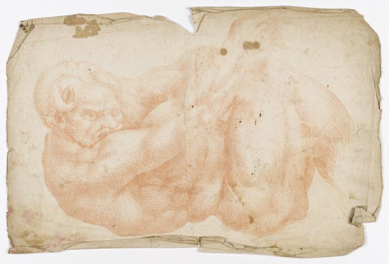 Figure accroupie de profil à droite, cornes de bélier à la tête (recto) ; Etude de bras droit (verso), Arnould de Vuez, 2e moitié 17e siècle, 1er quart 18e siècle
