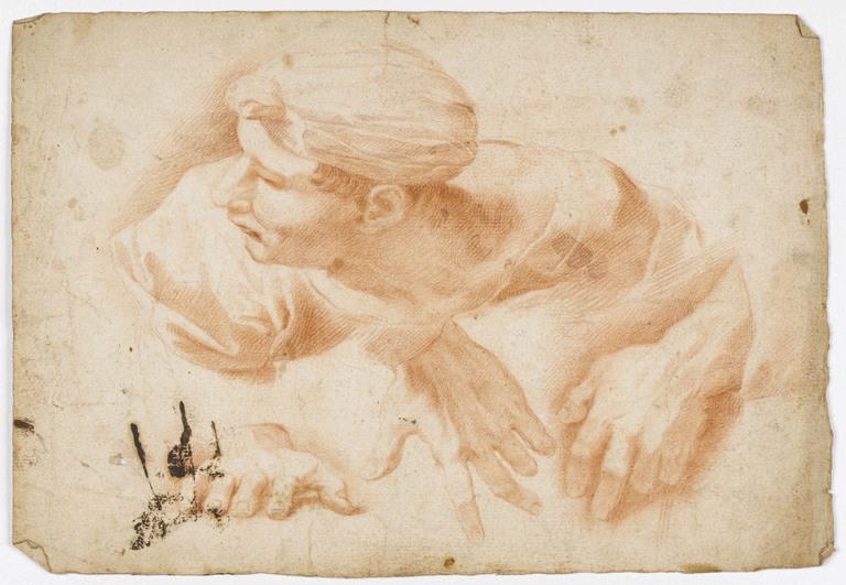 Etude de buste d'homme coiffé d'un turban, la tête de profil à gauche ; étude de trois mains, Arnould de Vuez, 2e moitié 17e siècle, 1er quart 18e siècle