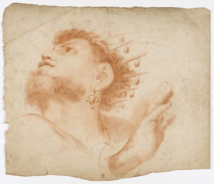 Etude de buste d'homme et de main, la tête barbue levée vers la gauche, boucle d'oreille et couronne à pointes décorées, Vuez, Arnould de