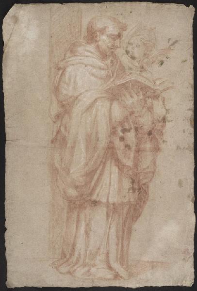 Figure de religieux tenant un livre, la tête de profil à droite; esquisse d'angelot à son épaule, Vuez, Arnould de