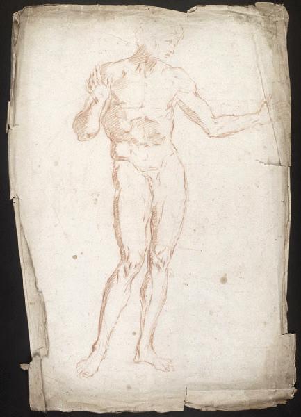 Etude de figure nue de face, les deux bras levés, la tête de profil à droite, Arnould de Vuez, 2e moitié 17e siècle, 1er quart 18e siècle