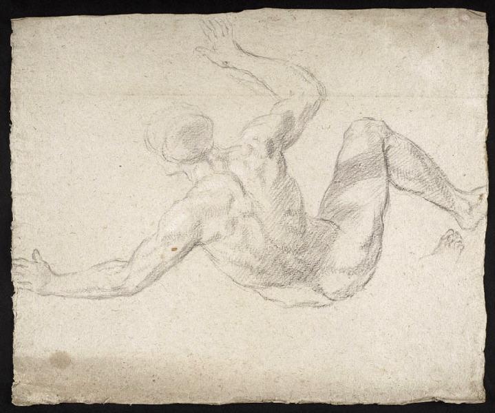 Figure nue de dos, le haut du corps penché vers la droite la tête et les bras levés, le genou plié vers la droite ; étude de doigts de pied, Vuez, Arnould de