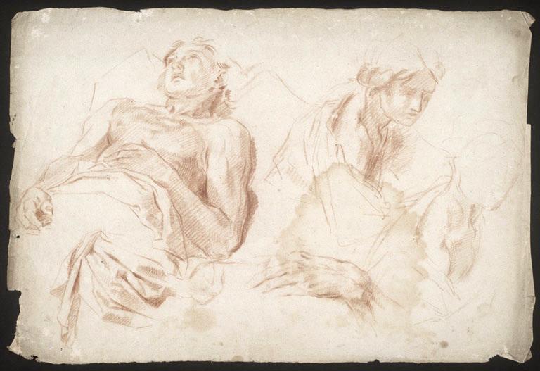 Etudes : homme (malade ?) allongé, vu à mi-corps ; le buste d'une femme penchée vers la droite ; buste ; main ; drapé (recto) ; Deux études de tête ; un objet (dans l'autre sens) (verso), Vuez, Arnould de