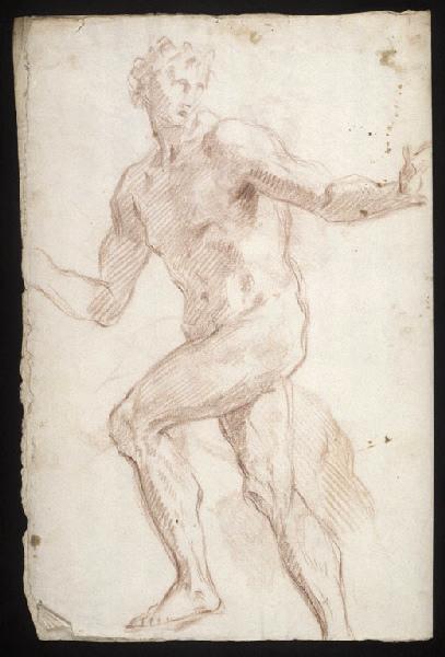 Etudes d'homme nu de face, les bras écartés, la jambe gauche levée vers la gauche (recto) ; Etudes de bras et mains ; esquisses de compositions de décorations (verso), Vuez, Arnould de