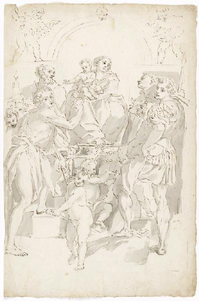 La Vierge à l'Enfant sur un piédestal entourés de quatre personnages et des putti, Vuez, Arnould de