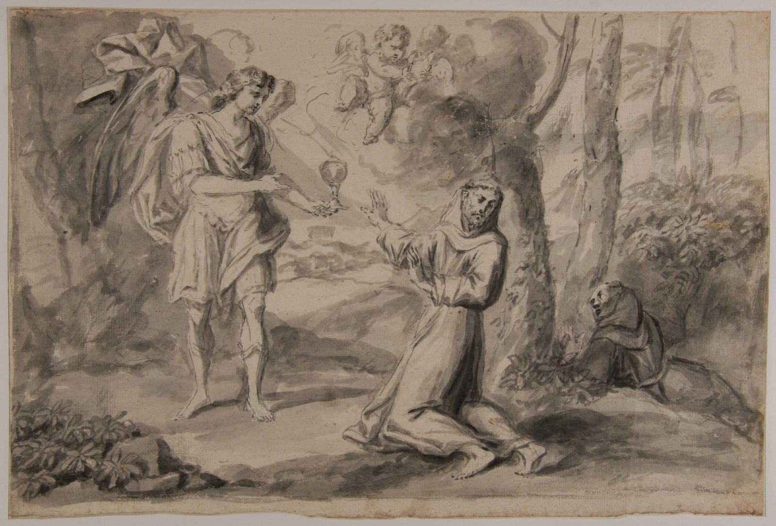 Saint François refusant une fiole d'eau transparente offerte par un ange ; Saint Bonaventure recevant la communion d'un ange (Titre factice) ; Elie recevant à boire de la main d'un ange, Vuez, Arnould de, 1644,1720