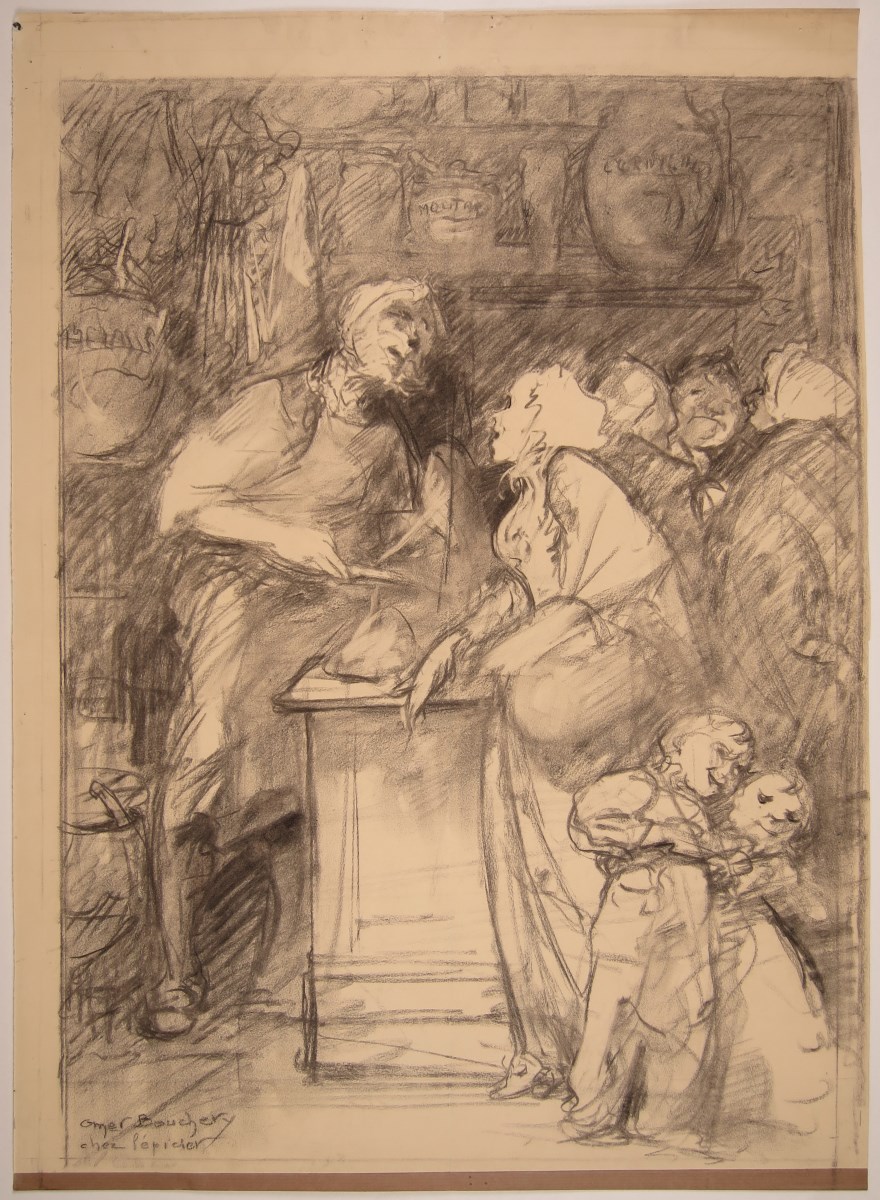 Chez l'épicier (Titre d'origine) ; Personnage croqué ; Dessin humoristique, Omer Bouchery, 1938 vers