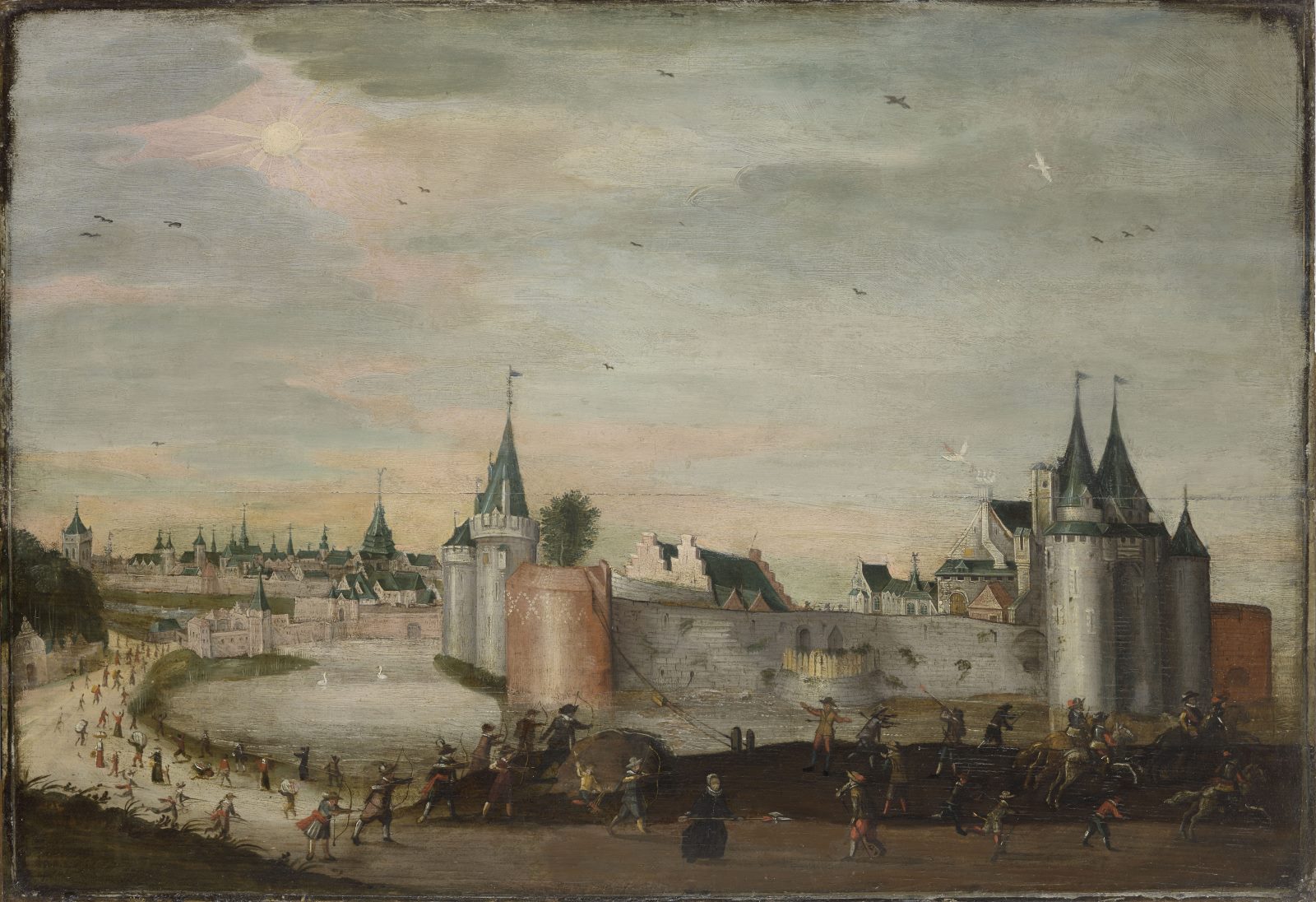 Jeanne Maillotte repoussant les Hurlus ; Vue du château de Courtrai au XVIIème siècle_0