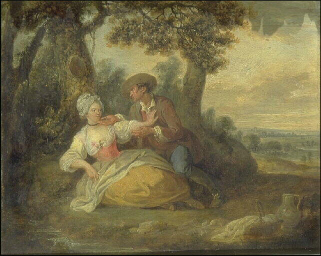 Scène galante : Un jeune homme courtise une jeune fille assise sous un arbre, Louis Joseph Watteau, 2e moitié 18e siècle