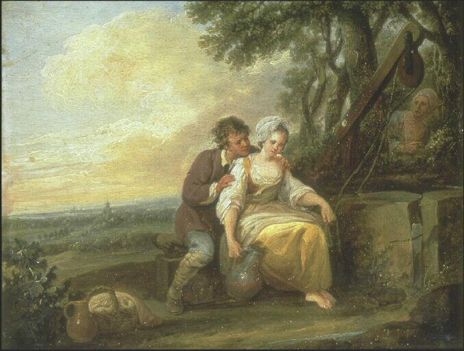 Scène galante : Un jeune homme courtise une jeune fille assise sous un arbre, Louis Joseph Watteau, 1774